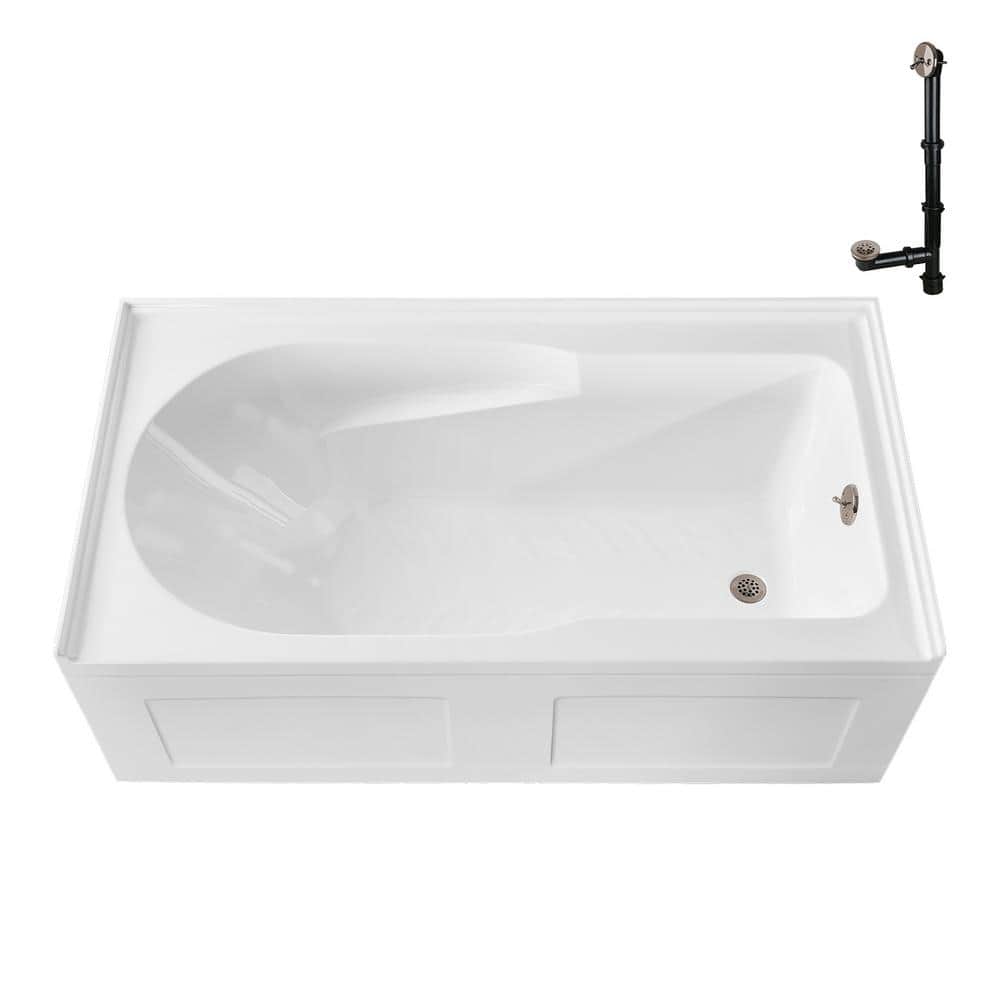 Glossy White Acrylic Right-Hand Drain Alcove Bathtub with Brushed Nickel External Drain