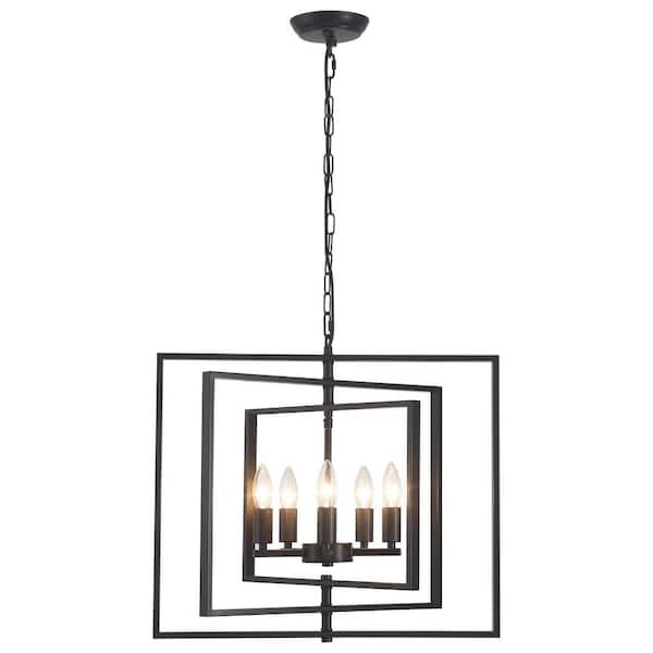 5-Light Black Frame Candle Chandelier, Industrial Foyer Light Fixture with No Bulbs Included