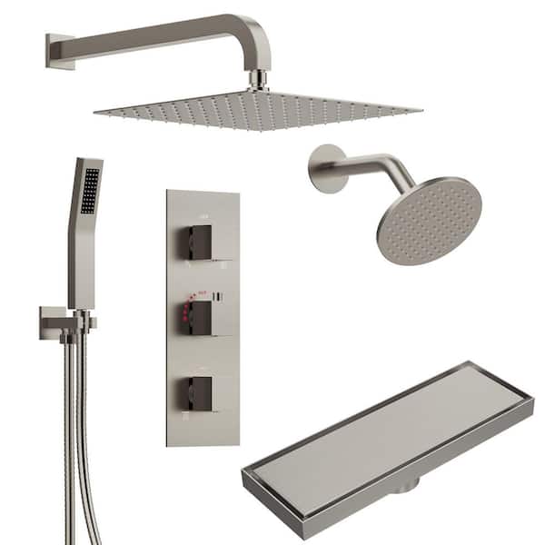 3 Handle 5-Spray Shower Faucet 2.5 GPM with Shower Drain,High Pressure, Anti Scald,Thermostatic Valve in Brushed Nickel