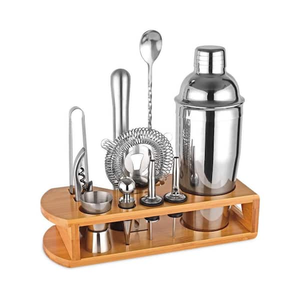 Wudkey 12-Piece Silver Cocktail Shaker Set Bartender Kit with Bamboo Stand, Complete Bar Accessories for Home and Bar