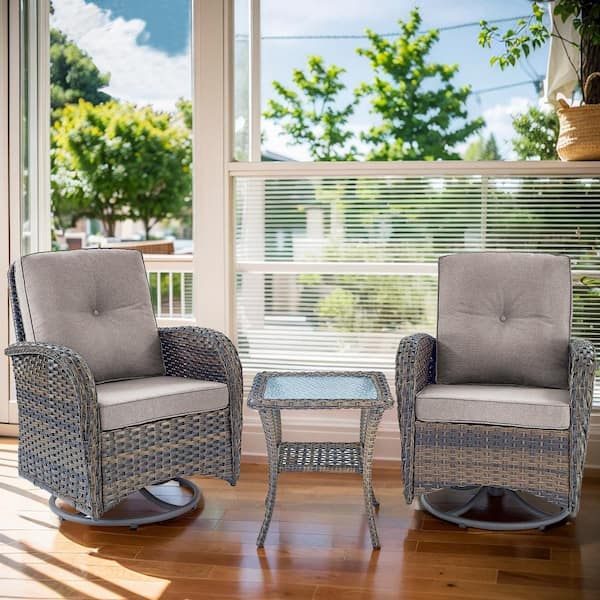 Gymojoy Annies Brown 3-Piece Wicker Patio Conversation Deep Seating Set Oudoor Swivel Rocking Chair with Gray Cushions