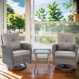 Annies Brown 3-Piece Steel Wicker Patio Conversation Deep Seating Set with Thick Gray Cushions