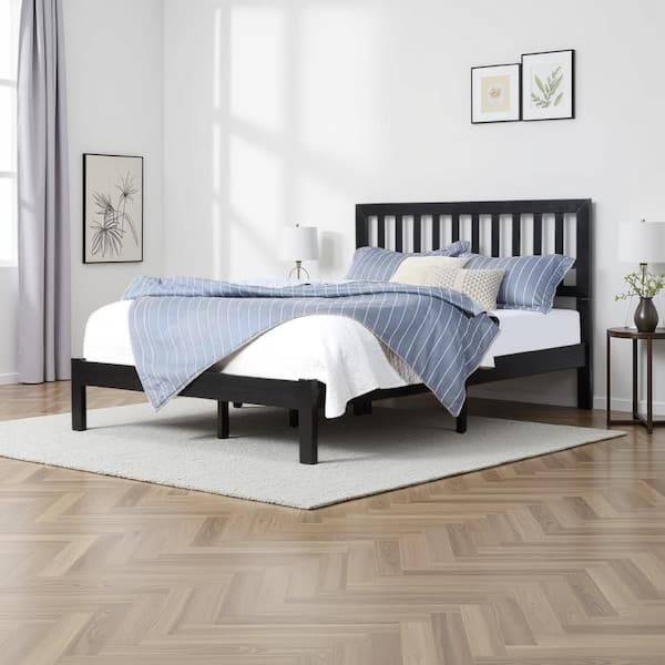 Benjara Black Wood Frame Queen Size Platform Bed with Headboard