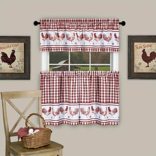 ACHIM Barnyard Burgundy Polyester Light Filtering Rod Pocket Tier and Valance Curtain Set 58 in. W x 24 in. L