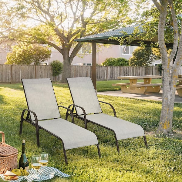Adjustable Chaise Lounge Chair Recliner Patio Yard Outdoor with Armrest Grey (2-Pieces)