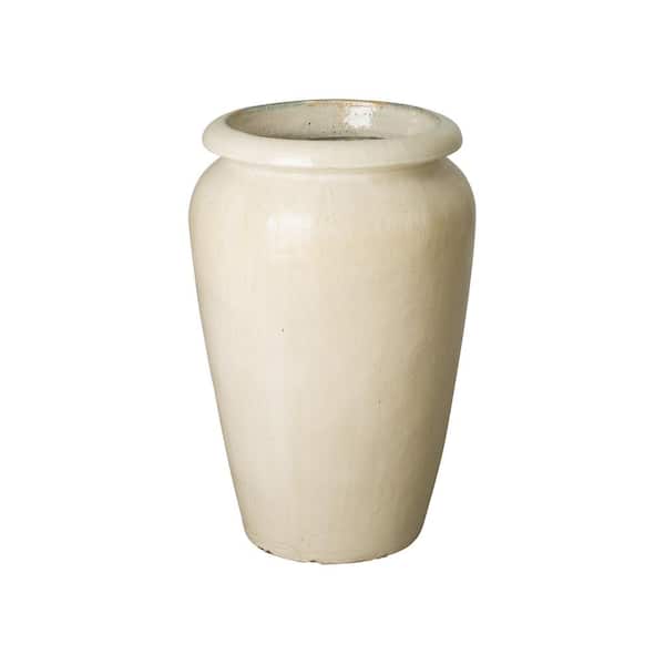Emissary Tall 18 in. L x 29 in. H Distressed Cream Ceramic Round Planter with Drainage Hole