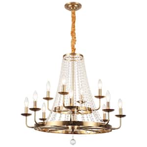 Immer 12 Light Gold Candle Style Classic Empire Wagon Wheel Chandelier with Clear Crystal Accents for Kitchen Island