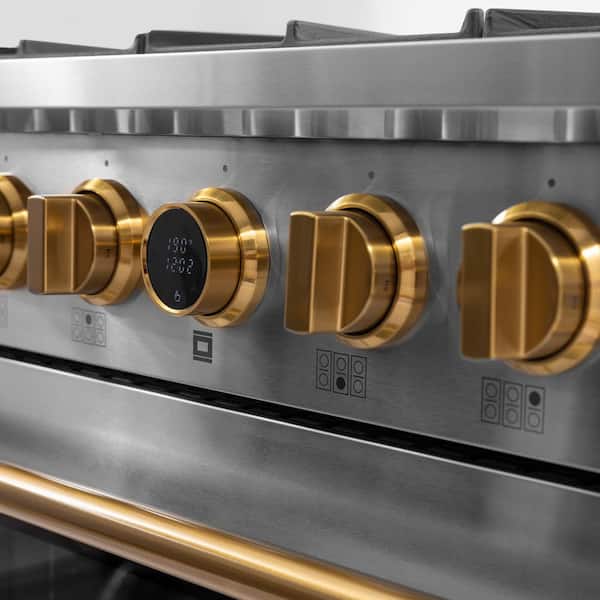 36 in. 5.2 cu. ft. 6-Burners Dual Fuel Range for Propane Gas in Stainless Steel and Gold Plus Under Cabinet Range Hood