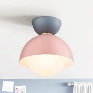 Amirah 8 in. 1-Light Pink Modern Dimmable Bowl-Shape Semi-Flush Mount with Frosted Opal Glass Globe Bubble
