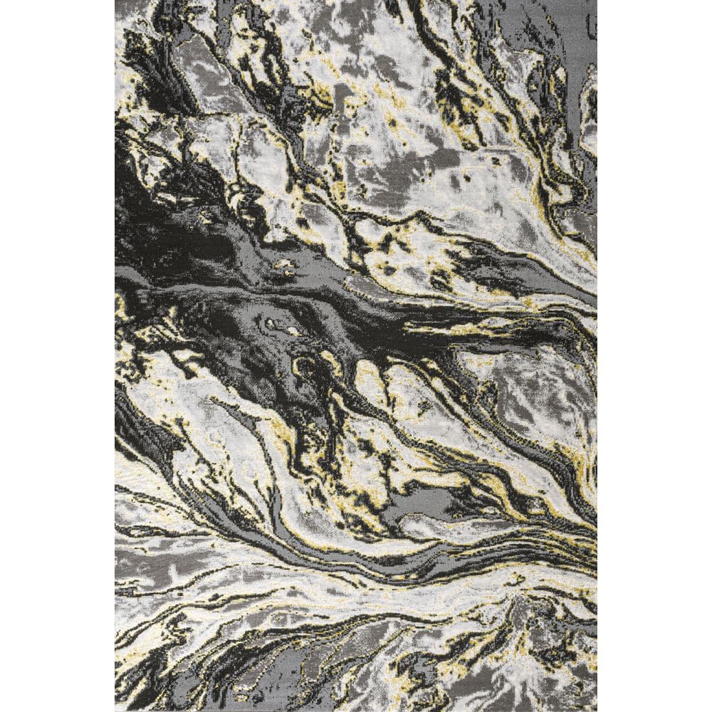 Abstract Swirl Marbled 5x8 Black/Yellow Synthetic Area Rug