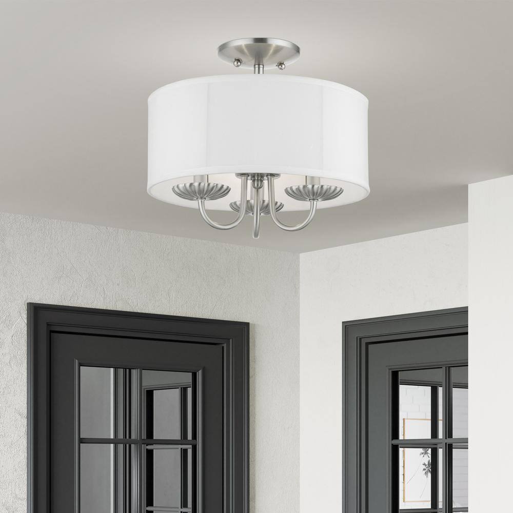 Transitional Brookdale Brushed Nickel 3-Light Semi-Flush Mount with Off-White Drum Shade