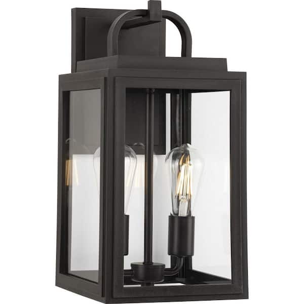 Progress Lighting Grandbury 2-Light Antique Bronze Hardwired Outdoor Wall Lantern Sconce with Clear Glass Shade Farmhouse