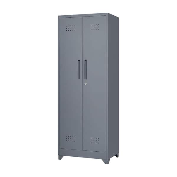 65 in.H Broom Storage Cabinet: Locking Doors, Hanging Rod in Grey