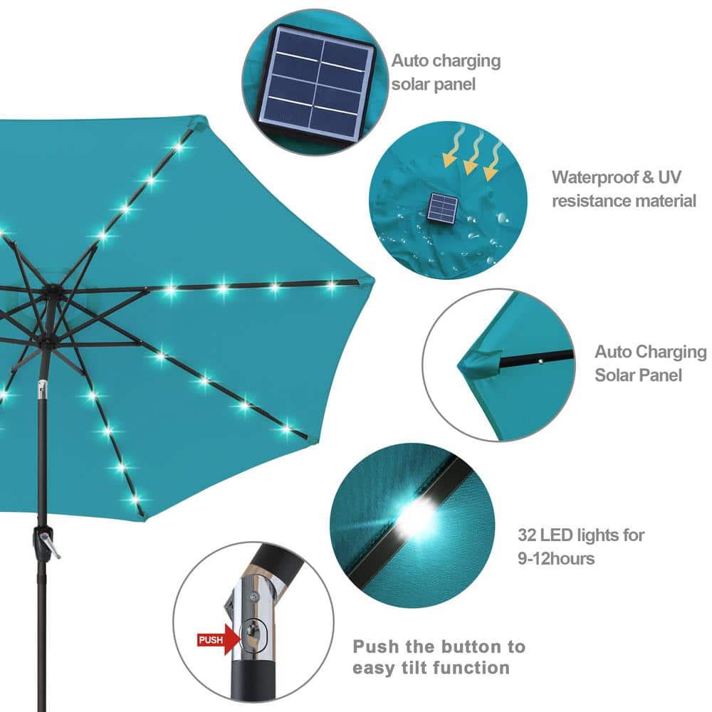 9FT Turquoise Solar LED Patio Umbrella with Tilt and Crank