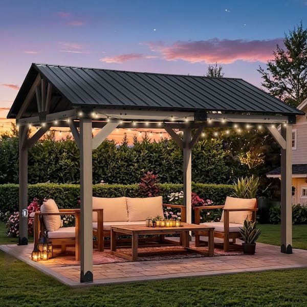 12 ft. x 10 ft. Upgrade Cedar Wood Frame Pavilion Gazebo with Galvanized Metal Roof and Outlets, for Patio Deck and Lawn