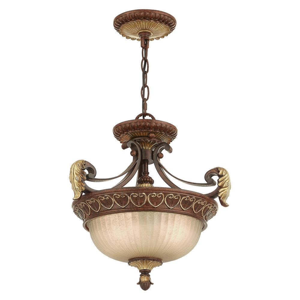 Villa Verona Bronze & Aged Gold Leaf 2-Light Pendant with Rustic Art Glass