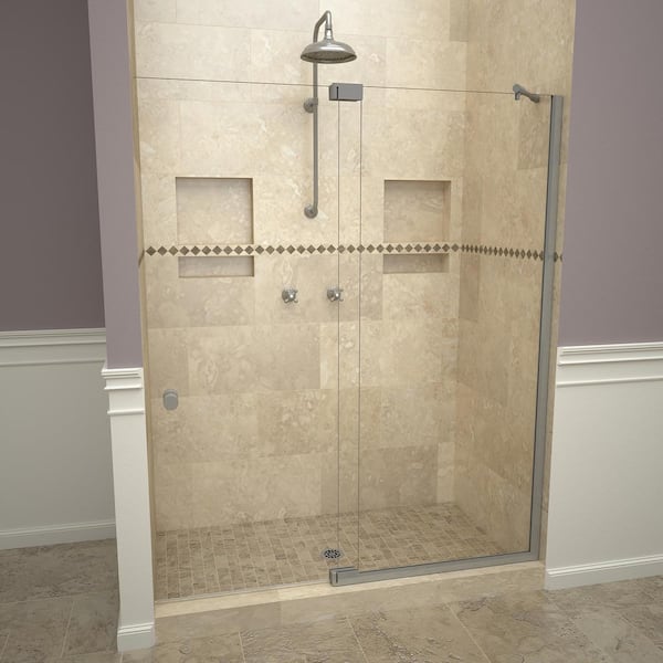 Redi Swing 2900V Series 60 in. W x 76 in. H Semi-Frameless Offset Pivot Hinge Shower Door in Brushed Nickel with Knobs