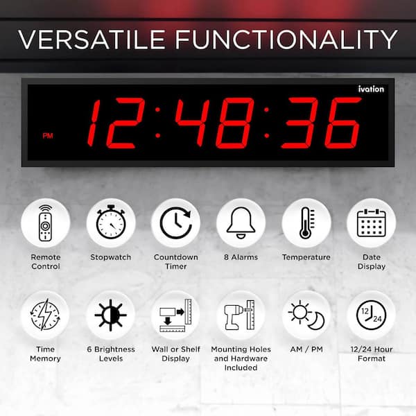 Ivation 72 in. Red Large Digital Wall Clock, LED Wall Clock with