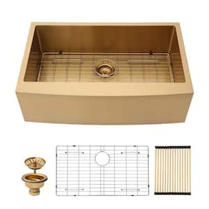 36 in Farmhouse/Apron-Front Single Bowl 16 Gauge Gold Stainless Steel Kitchen Sink with Bottom Grid