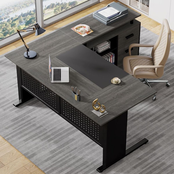 BYBLIGHT 63 in. L-Shaped Gray Black Engineered Wood Computer Desk