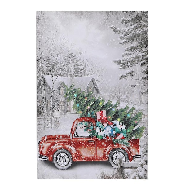 LuxenHome Christmas Vintage Truck Canvas Print with LED Light Wall Art 23.62 in. x 15.75 in.