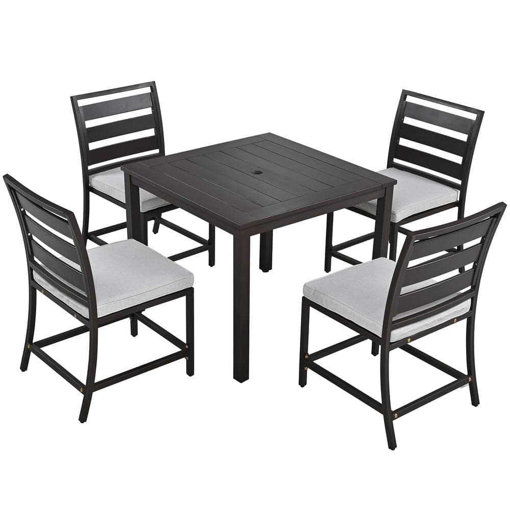 Dark Brown 5-Piece Acacia Wood Rectangular Outdoor Dining Set with Steel Frame, Umbrella Hole and Gray Cushions