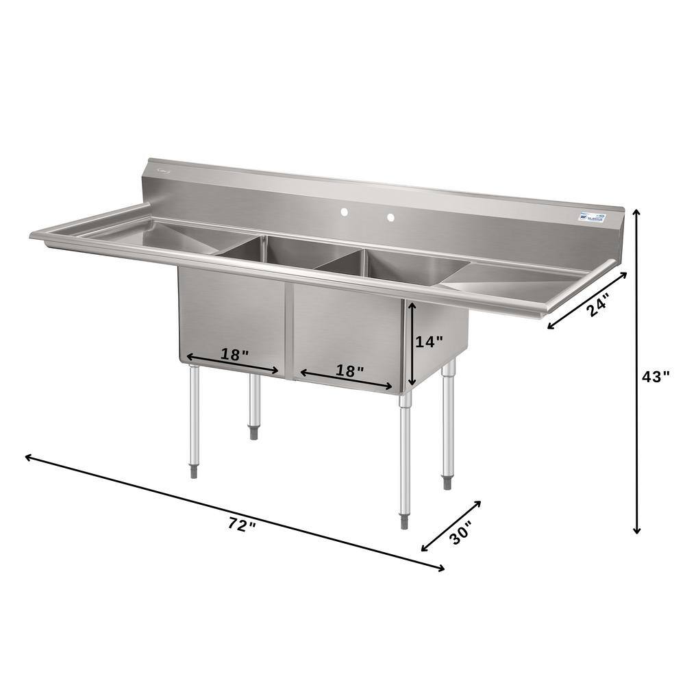 72" Stainless Steel Commercial Sink with Dual Drainboards