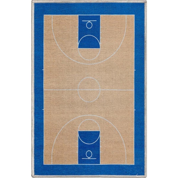 Apollo Basketball Modern Sports Tan Blue 2 ft. x 3 ft. Area Rug