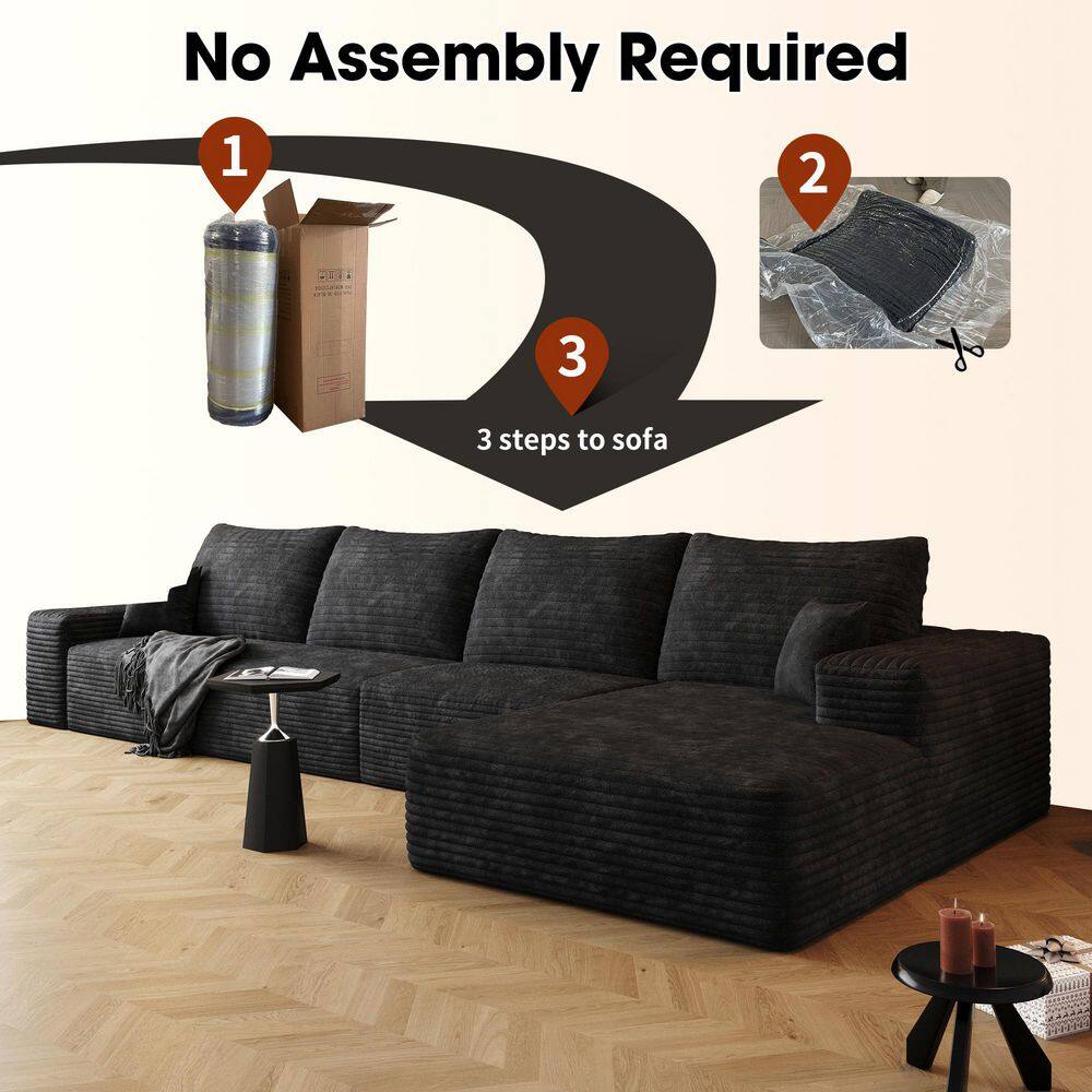 Infographic showing the three steps to set up the sofa with no assembly required.