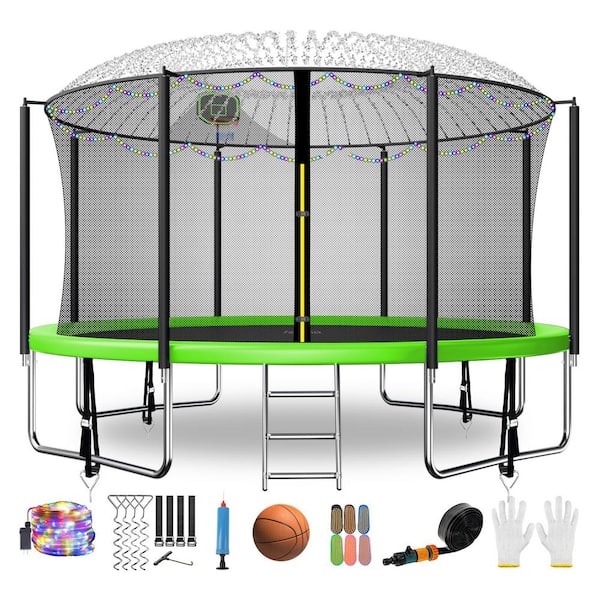 fiziti 12 ft. Round Backyard Trampoline with Basketball Hoop, Safety Enclosure, Sprinkler, Lights, Socks and Wind Stakes