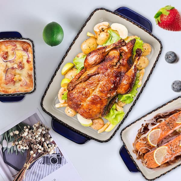 Wudkey 3-Piece Blue Ceramic Painted Rectangular Bakeware Pan Set