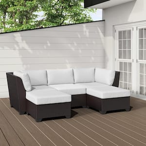 Barbados 5-Piece Outdoor Wicker Patio Conversation Furniture Set with White Cushion