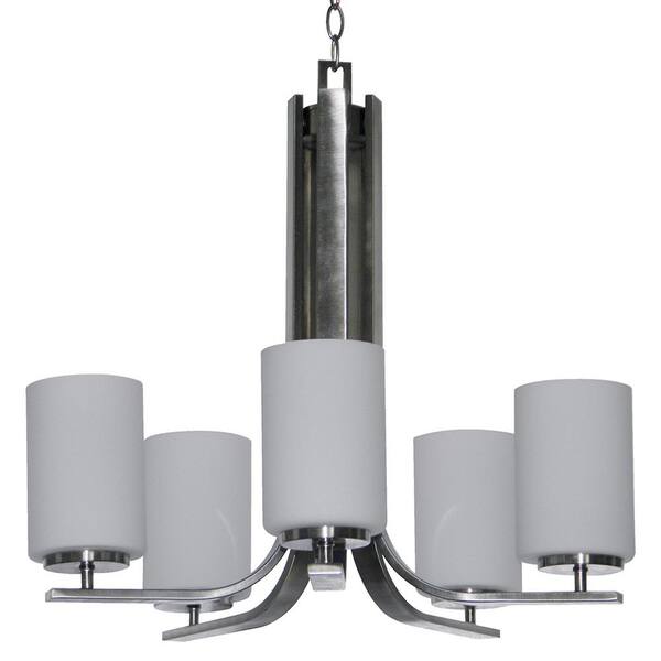Cambridge 5-Light Satin Steel Chandelier Etched Dove White Glass Shade