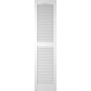 12 in. x 30 in. Lifetime Vinyl Custom Cathedral Top Center Mullion Open Louvered Shutters Pair Bright White
