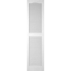 14-1/2 in. x 29 in. Lifetime Vinyl Custom Cathedral Top Center Mullion Open Louvered Shutters Pair Bright White