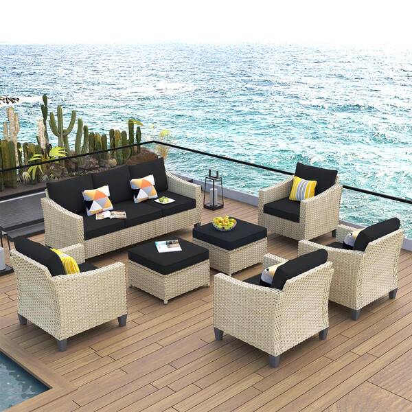 HOOOWOOO Oconee Beige 7-Piece Beautiful Outdoor Patio Conversation Sofa Seating Set with Black Cushions