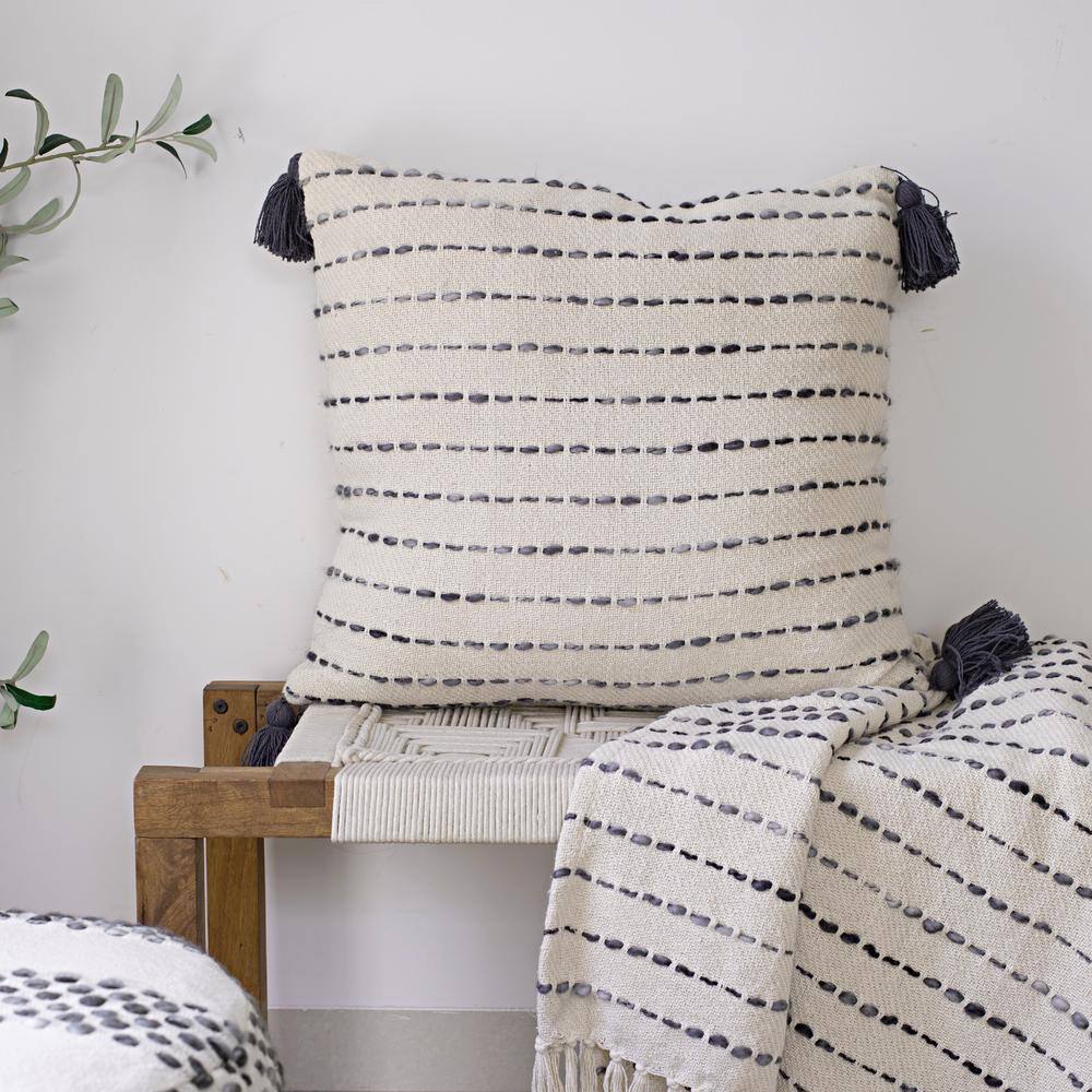 Black and Ivory Cotton Blend Tassel Throw Pillow