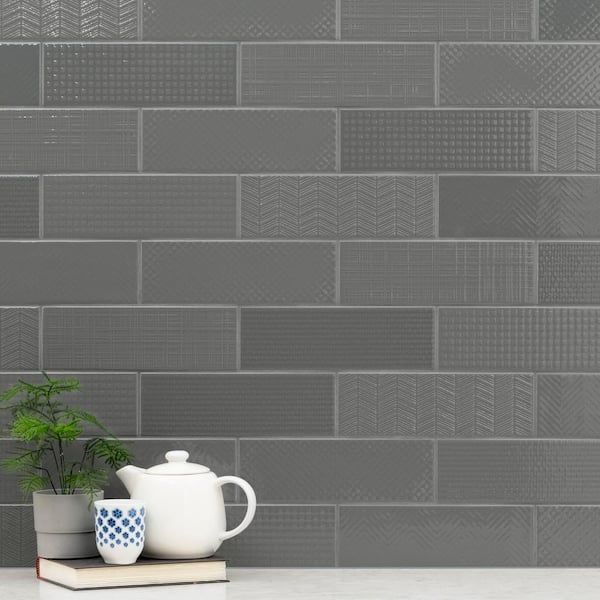 Citylights Graphite 3D Mix 4 in. x 12 in. Glossy Ceramic Gray Textured  Subway Tile (9.69 sq. ft./case )