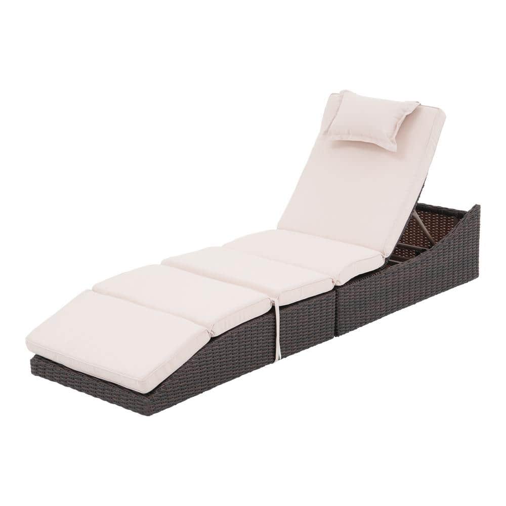 Brown Wicker Outdoor Folding Adjustable Chaise Lounge with Beige Cushion