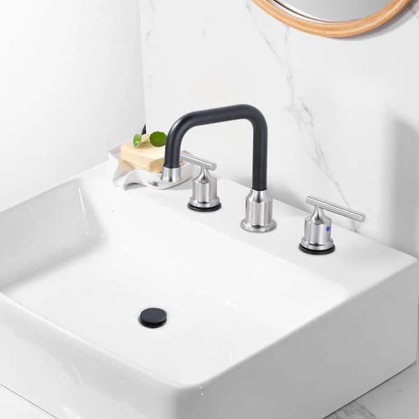 8 in. Widespread 3 Hole Lead-Free Double Handle Bathroom Faucet with Pop-up Drain and Supply Lines in Nickel and Black