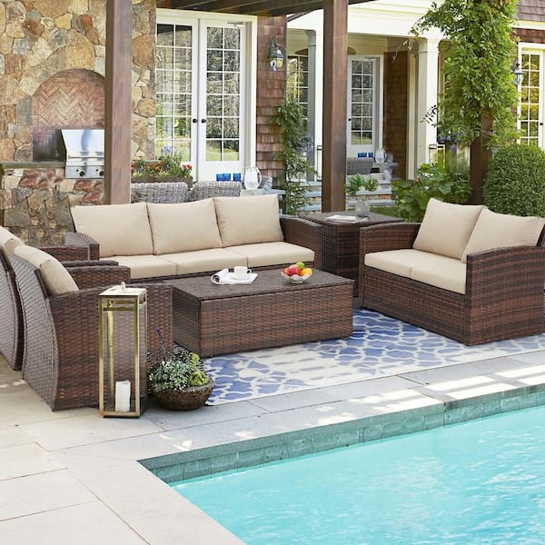 Zeus & Ruta 7-Piece Brown Wicker Outdoor Conversation Set with Beige Cushions and 1-Storage Box