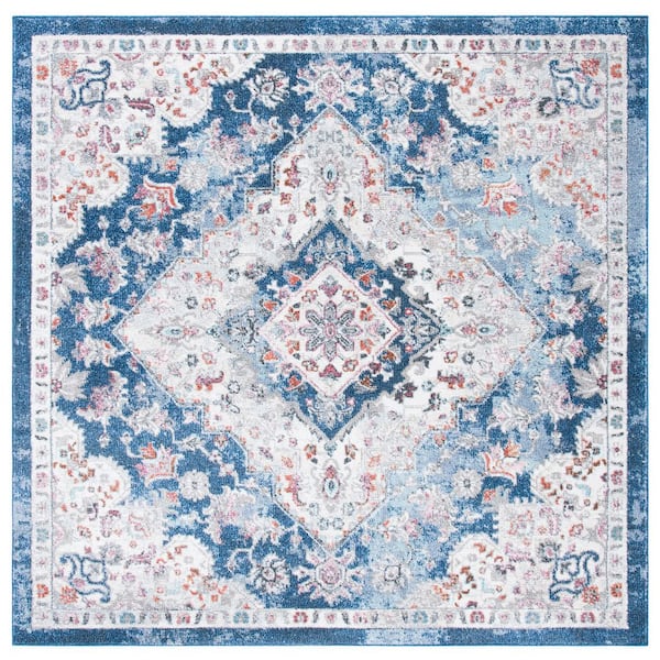 Phoenix 7 ft. x 7 ft. Ivory/Blue Distressed Medallion Floral Square Area Rug