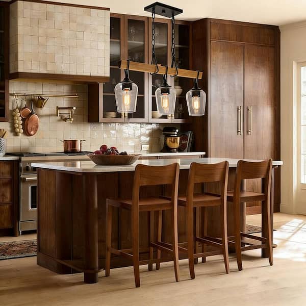 Transitional Black Dining Room Island Chandelier, 25 in. 3-Light Farmhouse Faux Wood Pendant Hanging light for Bedroom