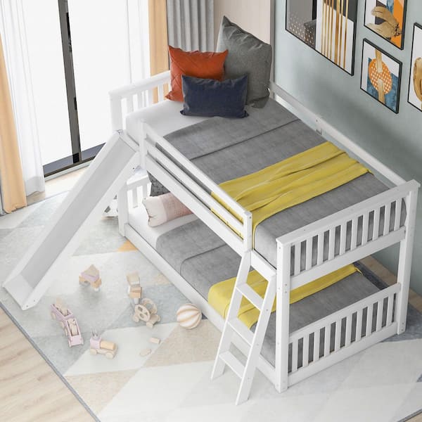 White Solid Wood Twin Over Twin Bunk Bed with Convertible Slide and Ladder