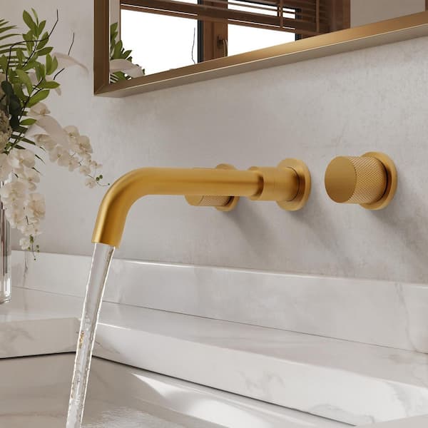 Wall-Mount 8 in. Widespread Double Handle Bathroom Sink Faucet with Spot Resist in Brushed Gold Drain Included(2-Pack)