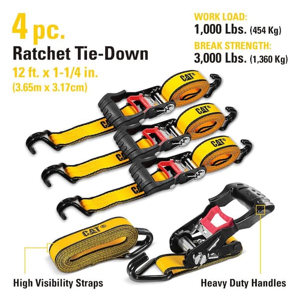 1 x 12' Short Tail Ratchet Tie Down Strap with S Hook Heavy Duty - Pack of  Four