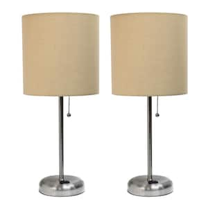 19.5 in. 2-Pack Brushed Steel Tan Table Desk Lamp Set for Bedroom with Charging Outlet