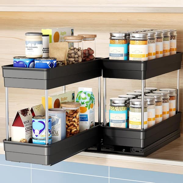 2 Tier Vertical Pull Out Spice Rack Organizer for Cabinet, 2 Pack Black Spice Holder, Slide Out Seasoning Storage Shelf