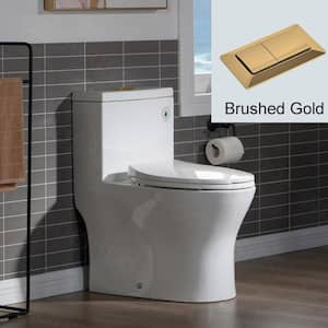 Elite 1-Piece 1.1/ 1.6 GPF Dual Flush Elongated Toilet in White with Seat Included and Brushed Gold Button