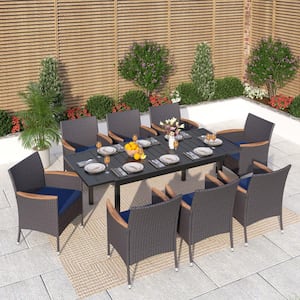 Black 9-Piece Metal Patio Outdoor Dining Set with Extendable Table and Rattan Chairs with Blue Cushion